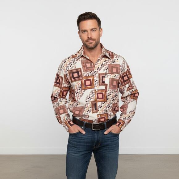 Lancer Other - Vintage 1970s Lancer Shirt, Geometric Disco Button Up Retro Mod Print Mens Large